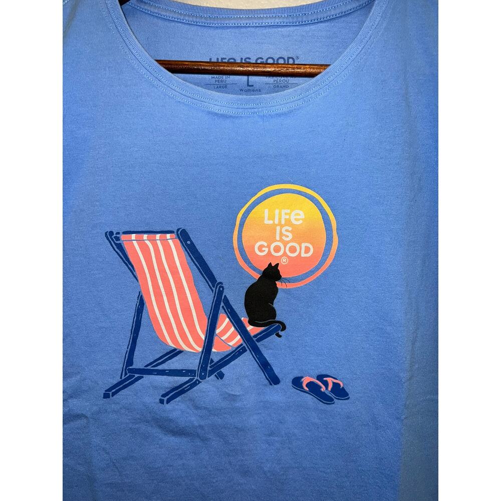 Womens Life Is Good Cat Shirt Beach Chair Sun LIG Crusher Do What Love Top Large - Picture 2 of 9